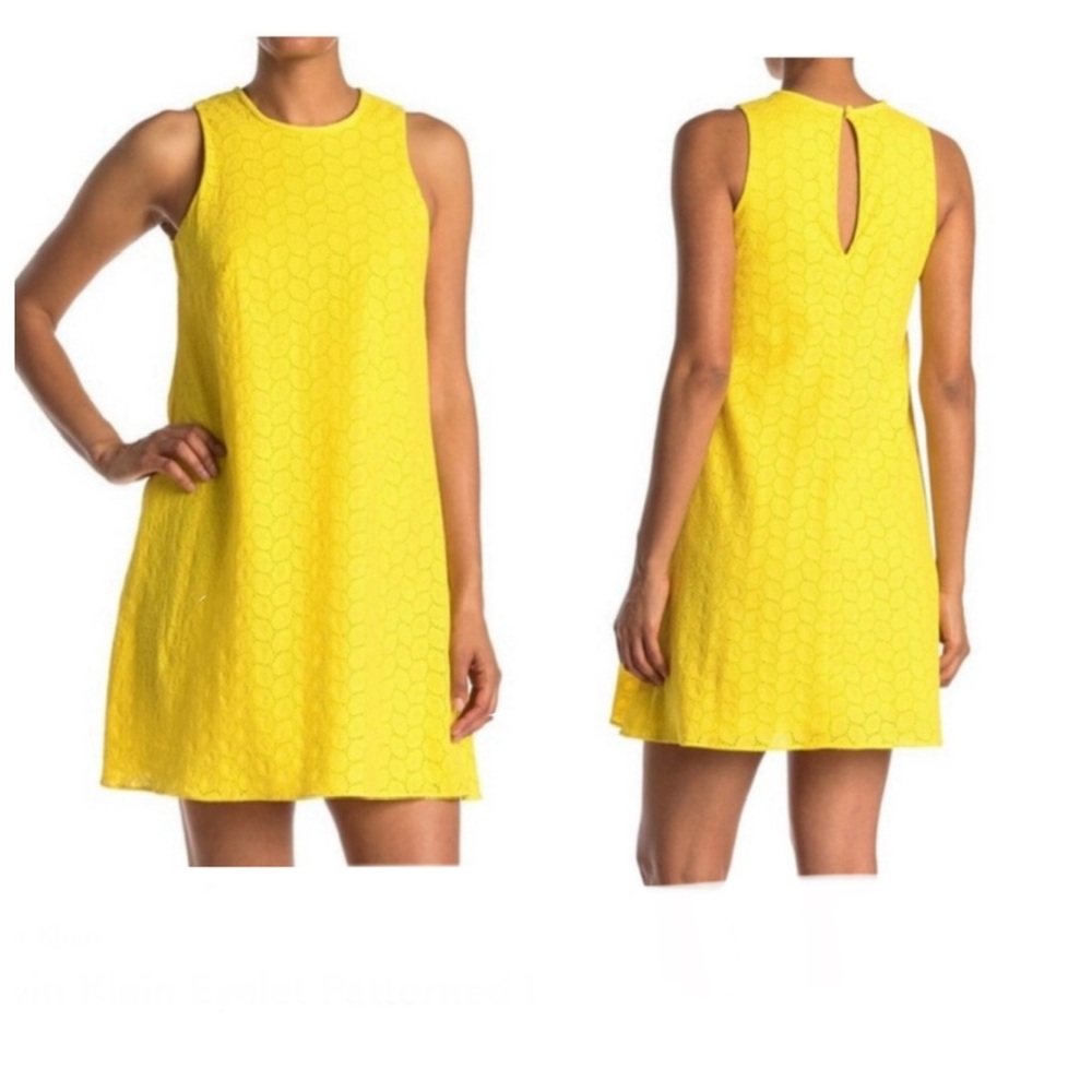 Calvin Klein Lemon Yellow Honeycomb Eyelet A-Line Dress Size 6